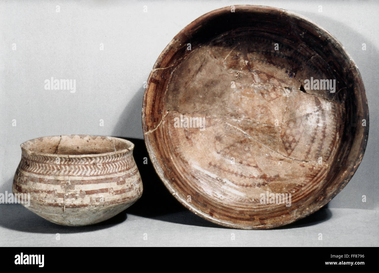 NEOLITHIC BOWLS. /nBowl and dish of Samarra Ware, late sixth millenium B.C. Stock Photo
