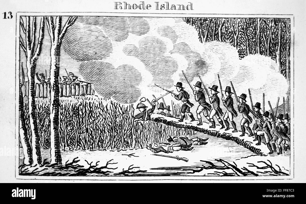 GREAT SWAMP FIGHT, 1675. /nThe Great Swamp Fight near South Kingston, Rhode Island, on 19 December 1675 during King Philip's War. Line engraving, 1827, by John W. Barber. Stock Photo