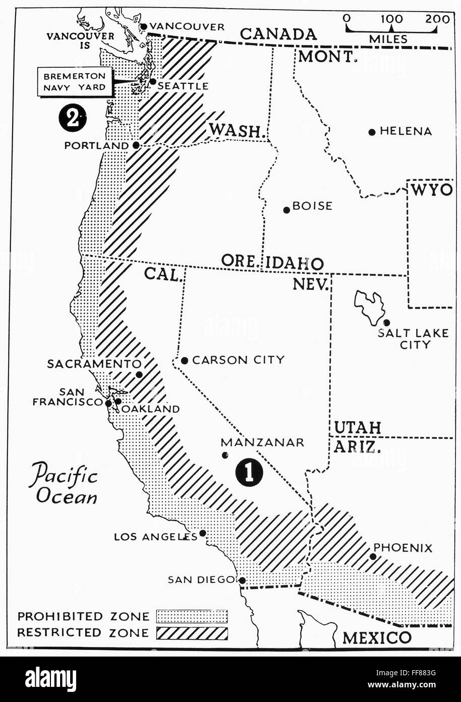 JAPANESE INTERNMENT, 1942. /nA contemporary map showing the prohibited