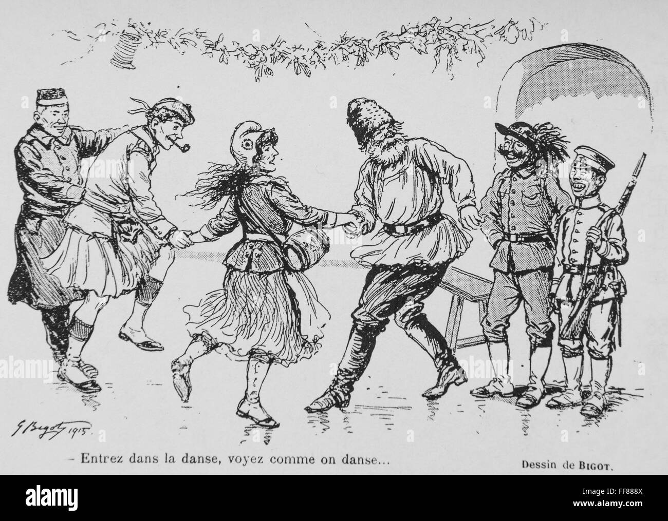 Caricature of Georges Ferdinand Bigot (1860-1927).  Invitation for dance.  Russia,France, Great Britain is fighting in WW1.  They are inviting Japan and Italy to join in. 1915. Stock Photo