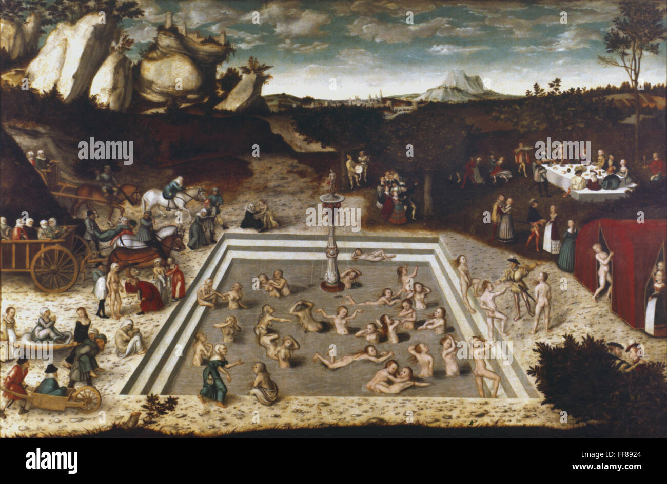 THE FOUNTAIN OF YOUTH. /nBy Lucas Cranach, the younger. Oil on wood. Stock Photo