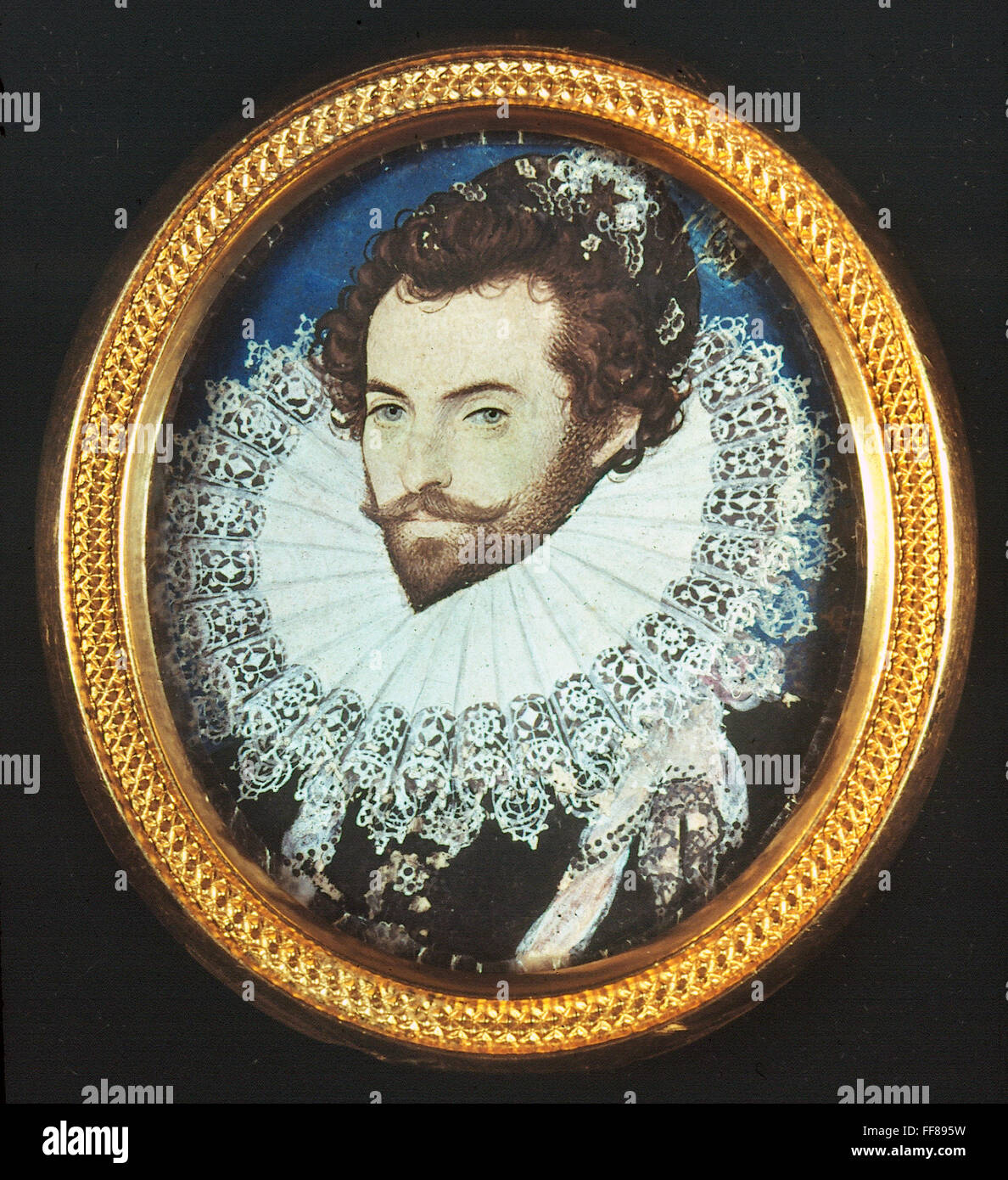 SIR WALTER RALEIGH /n(1552-1618). English adventurer, courtier, and writer. Miniature by Nicholas Hilliard, c1585. Stock Photo