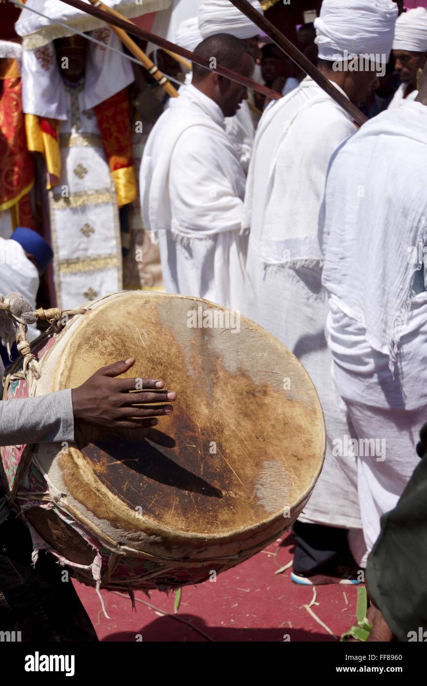 Drums following Ethiopian Orthodox Epiphany Christian procession. Stock Photo