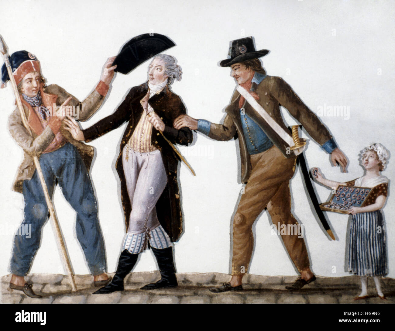 FRENCH REVOLUTION, 1792. /nA citizen is forced to wear the three-colored cockade. Gouache attributed to Pierre-Etienne Le Sueur and his brother, 1792. Stock Photo