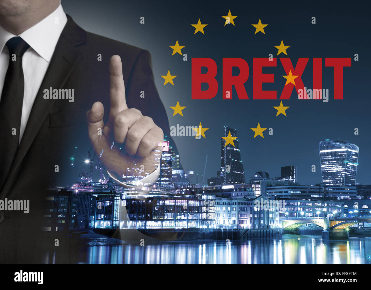 Brexit on United Kingdom membership of the European Union London skyline concept with businessman. Stock Photo