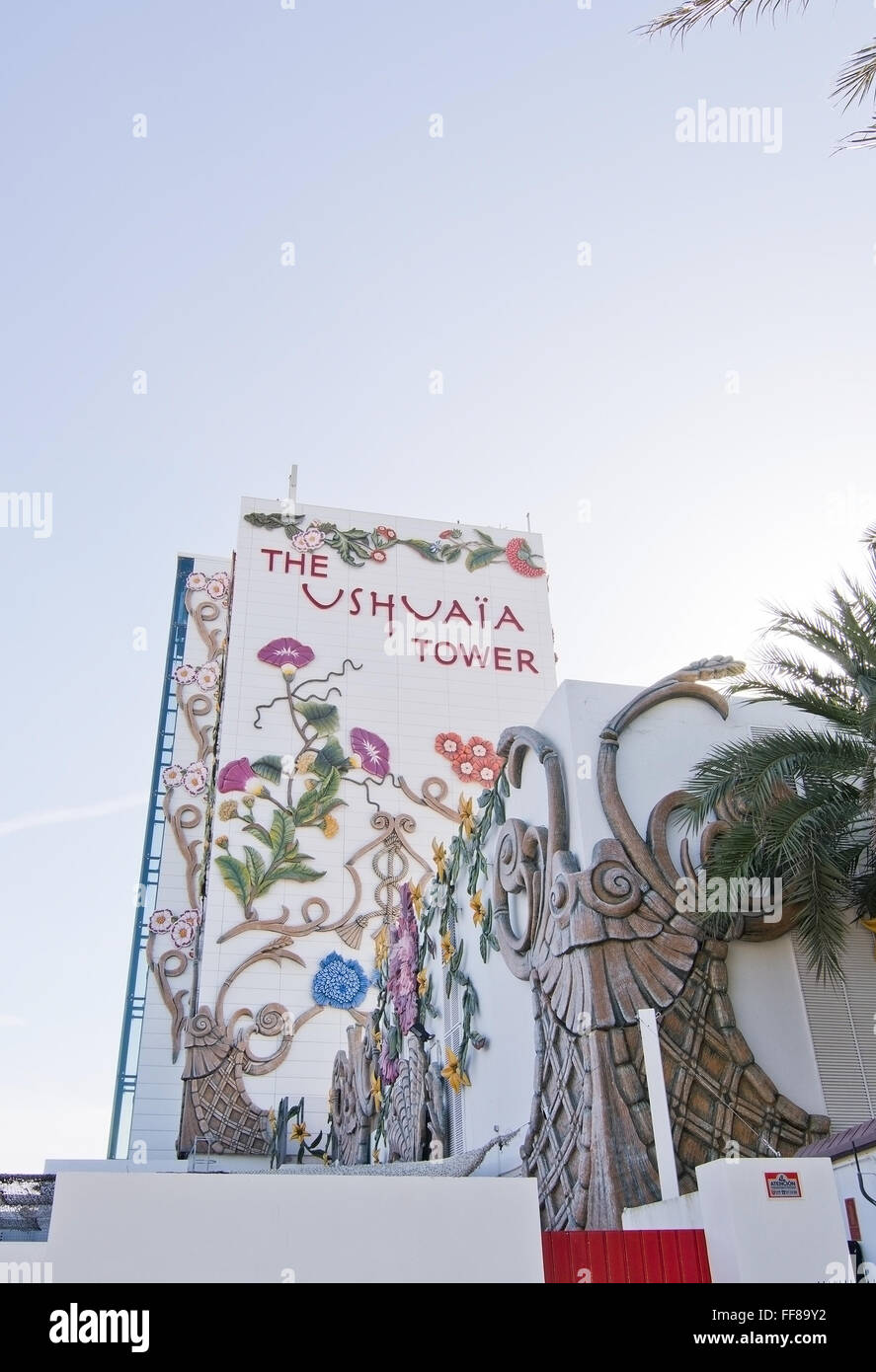 Ushuaïa Hotel floral decorated facade against blue sky on December 17, 2015 in Ibiza, Balearic islands, Spain Stock Photo