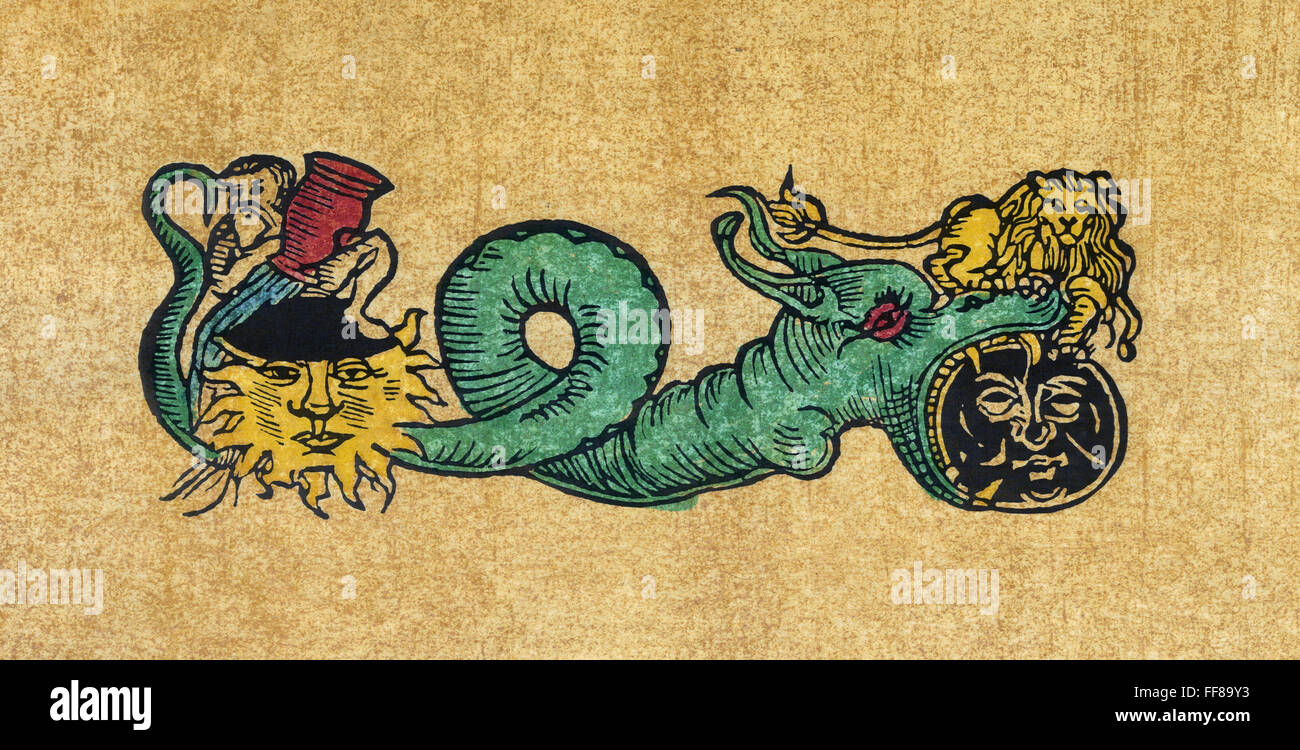 ALCHEMIC SKY DRAGON. /nAlchemic sky dragon by whom the sun and the moon were swallowed and reborn every day, the symbol of the eternal nature of 'Materia prima.' Woodcut from Hanns Singriener's 'Voegelin Praktik,' Vienna, Austria, 1534. Stock Photo