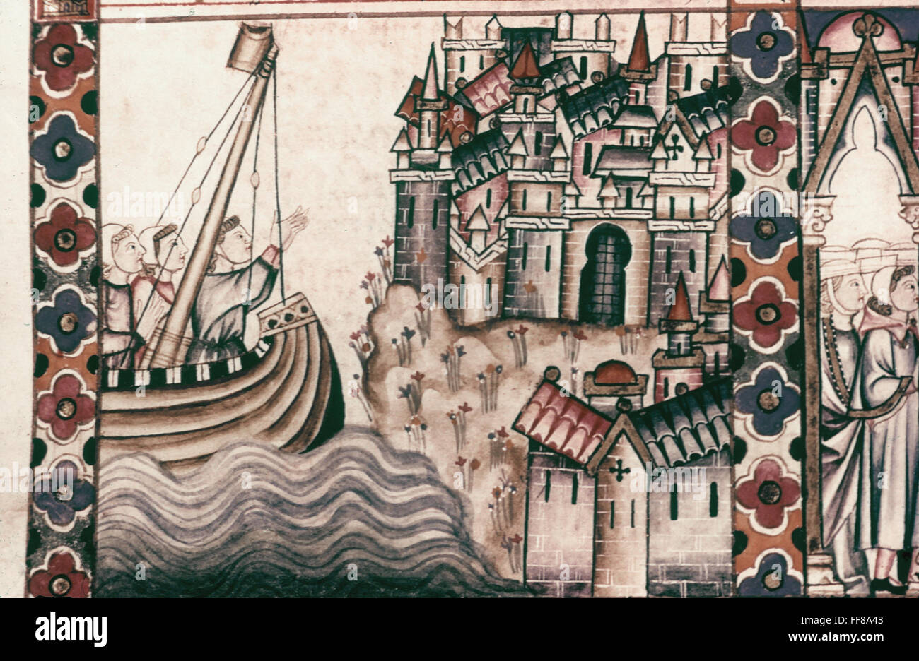 SPANISH MERCHANTS. /nSpanish merchants returning home after a voyage to the Levant. Spanish manuscript illumination, 13th century. Stock Photo