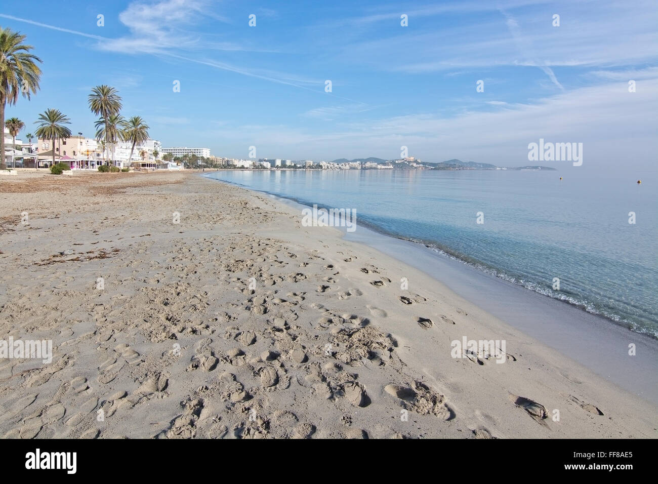Dreamy soft winter beach on Playa d'en Bossa on December 17, 2015 in Ibiza, Spain. Stock Photo