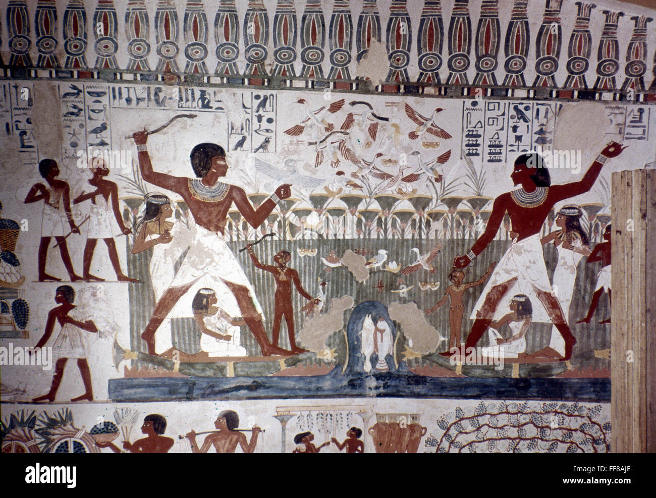 EGYPTIAN TOMB PAINTING. /nHunting with a boomerang from the Tomb of Nakht, 18th Dynasty Stock