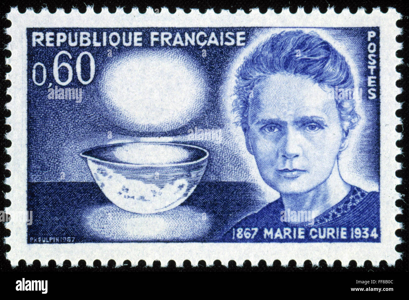 MARIE CURIE (1867-1934). /nMarie Sklodowska Curie. French (Polish-born) chemist. On a French postage stamp, 1967, commemorating the centenary of her birth. Stock Photo
