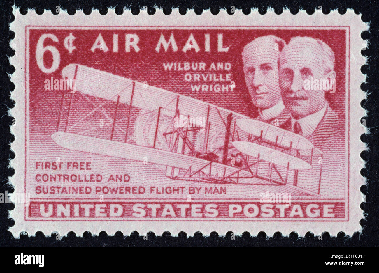 WRIGHT BROTHERS. /nWilbur (1867-1912) and Orville Wright (1871-1948). American pioneers in aviation. The Wright Brothers and their first flight (1903) commemorated on a U.S. postage stamp, 1949. Stock Photo