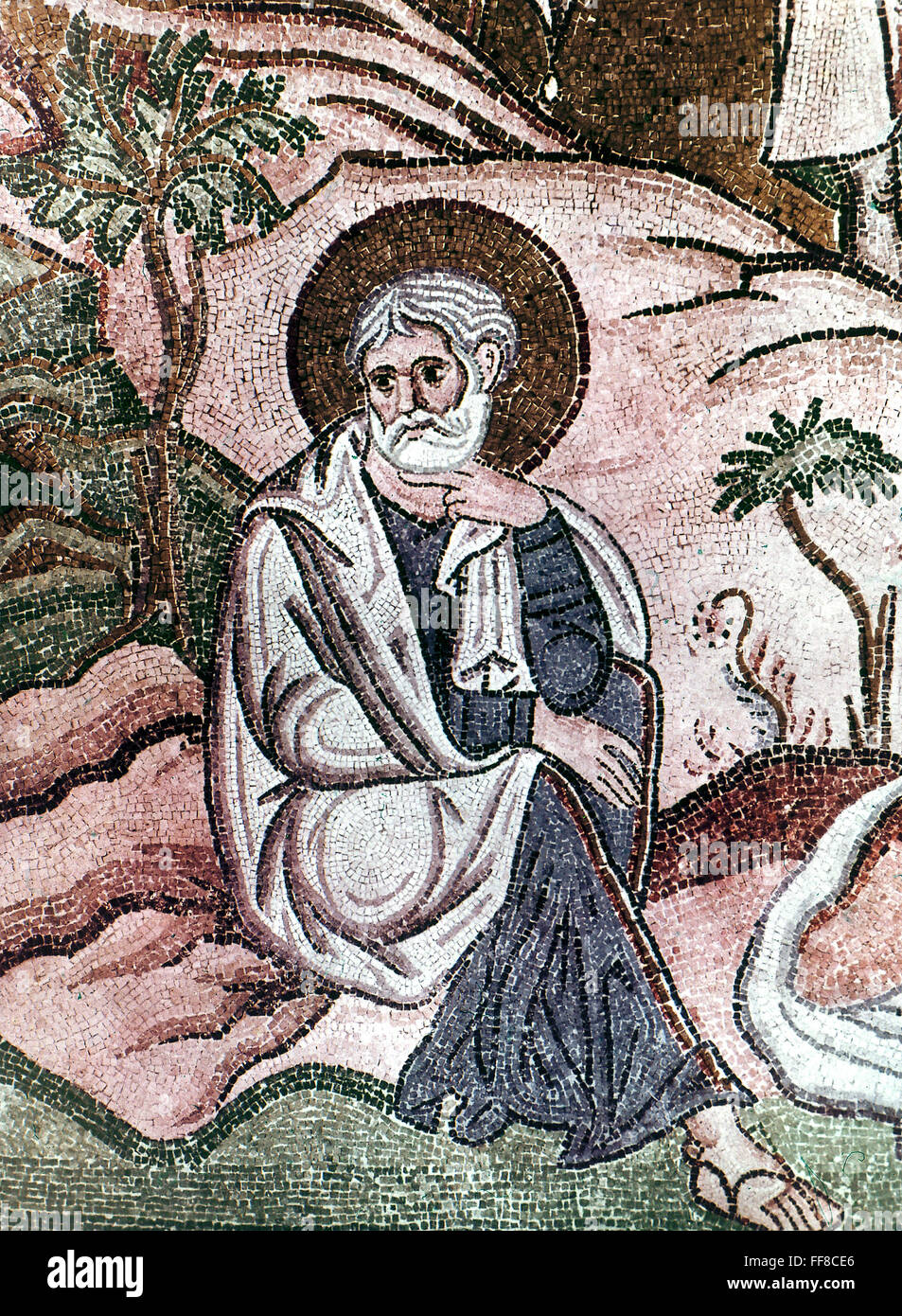 SAINT JOSEPH. /nByzantine mosaic, detail of Nativity. Daphni Monastery. Stock Photo