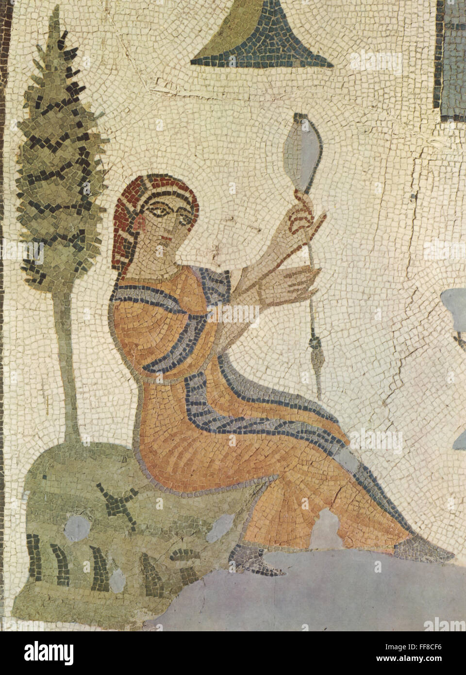 ROMAN MOSAIC: SHEPHERDESS /nShepherdess with distaff. From Tabarka (Thabrarka), Tunisia, 4th century A.D. Stock Photo