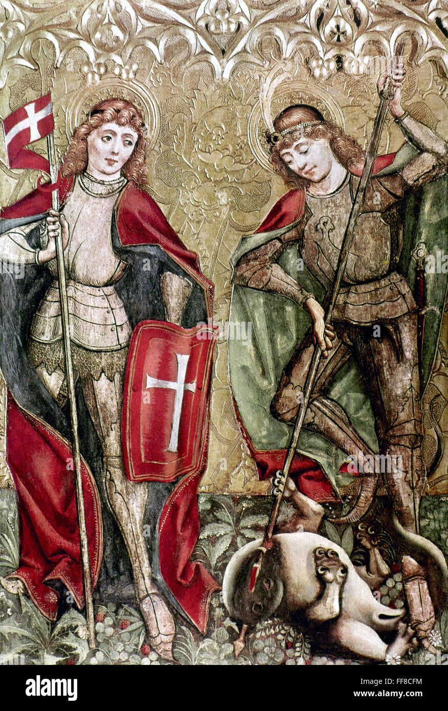ST. FLORIAN & ST. GEORGE. /nWing of a triptych by Monogramist 'A', Polish School, 1477. Stock Photo