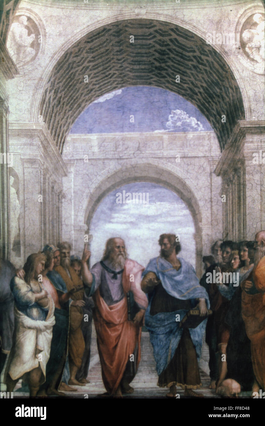 RAPHAEL: PLATO & ARISTOTLE. /nCenter detail of Raphael's fresco 'The School of Athens,' 1509-10, showing Plato and Aristotle. Stock Photo
