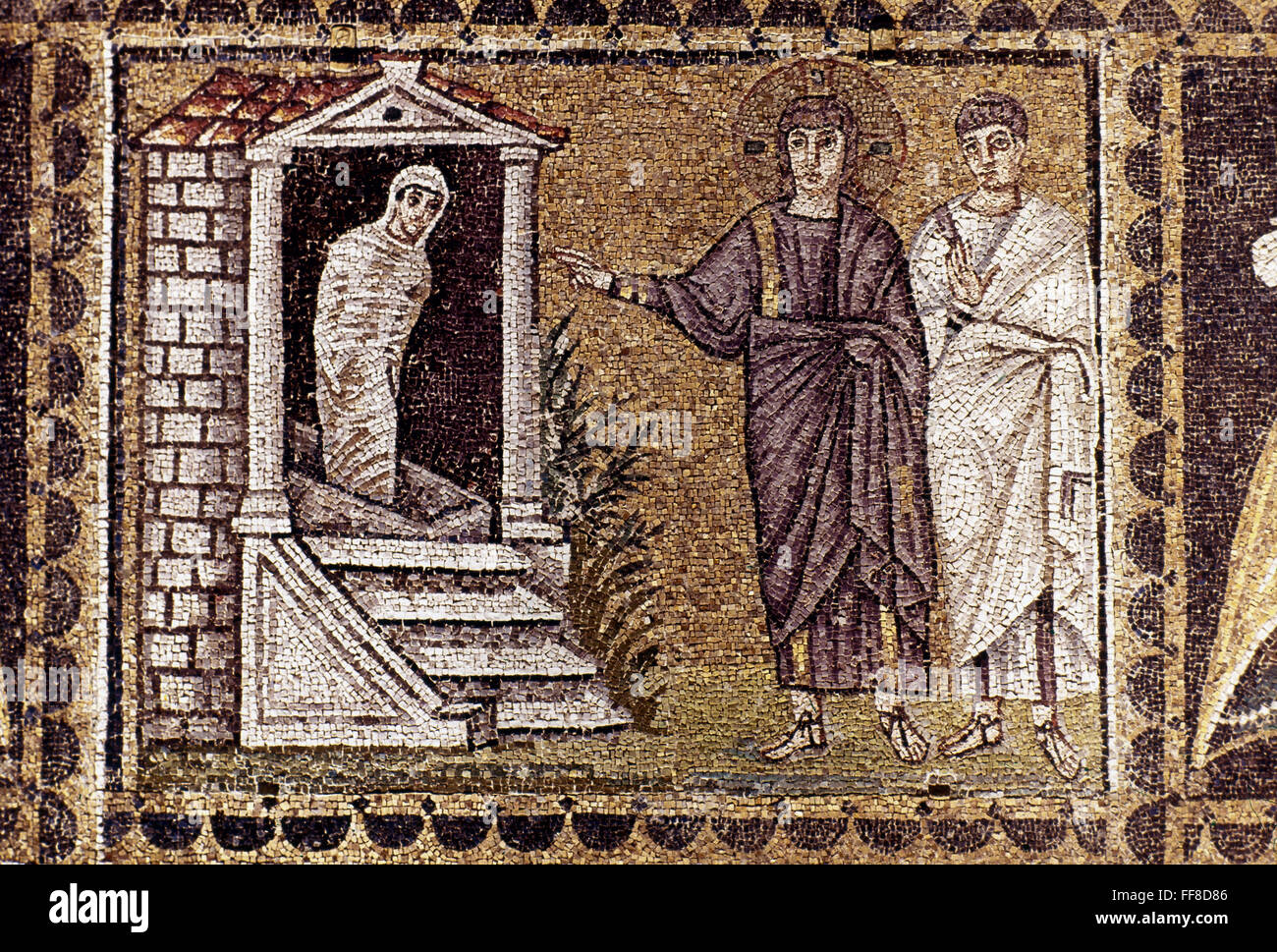 THE RAISING OF LAZARUS: /nmid-6th century mosaic from Basilica of Saint Apollinare Nuovo, Ravenna, Italy. Stock Photo
