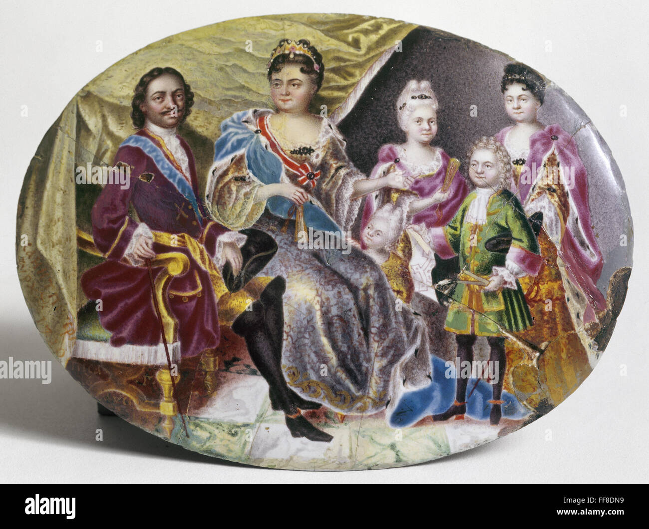 PETER THE GREAT (1672-1725). /nCzar of Russia, 1682-1725. Peter the Great with his second wife, Catherine I, and children. Enamel miniature painting by Grigory Semyonovich Musikiysky, 1720. Stock Photo