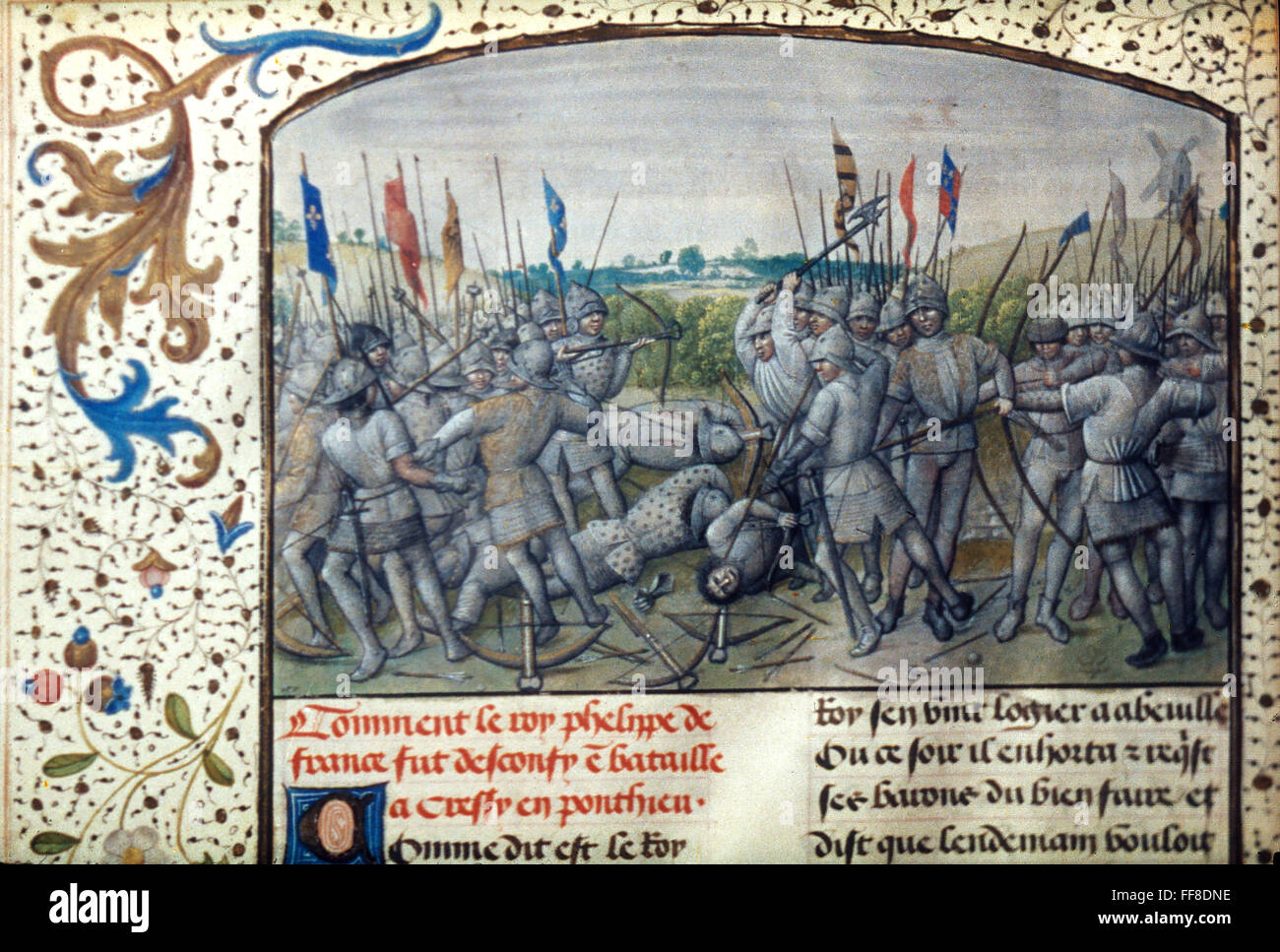 THE BATTLE OF CRECY, 1346. /nFlemish manuscript illumination, 1477.