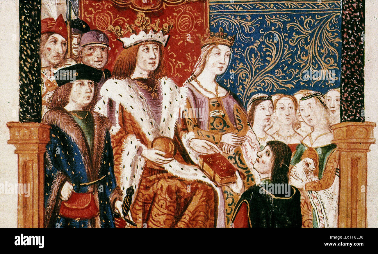 FERDINAND V and ISABELLA I /nof Spain. Spanish ms. illumination, 1492. Stock Photo