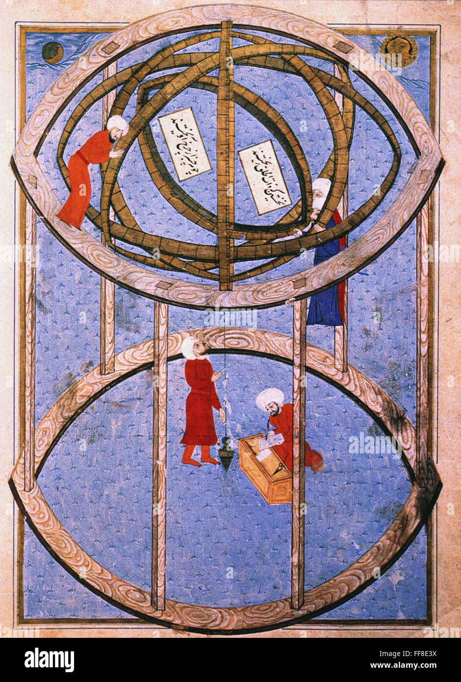 ASTRONOMERS /nwithin a giant armillary sphere: illumination from an Ottoman ms., late 16th century. Stock Photo