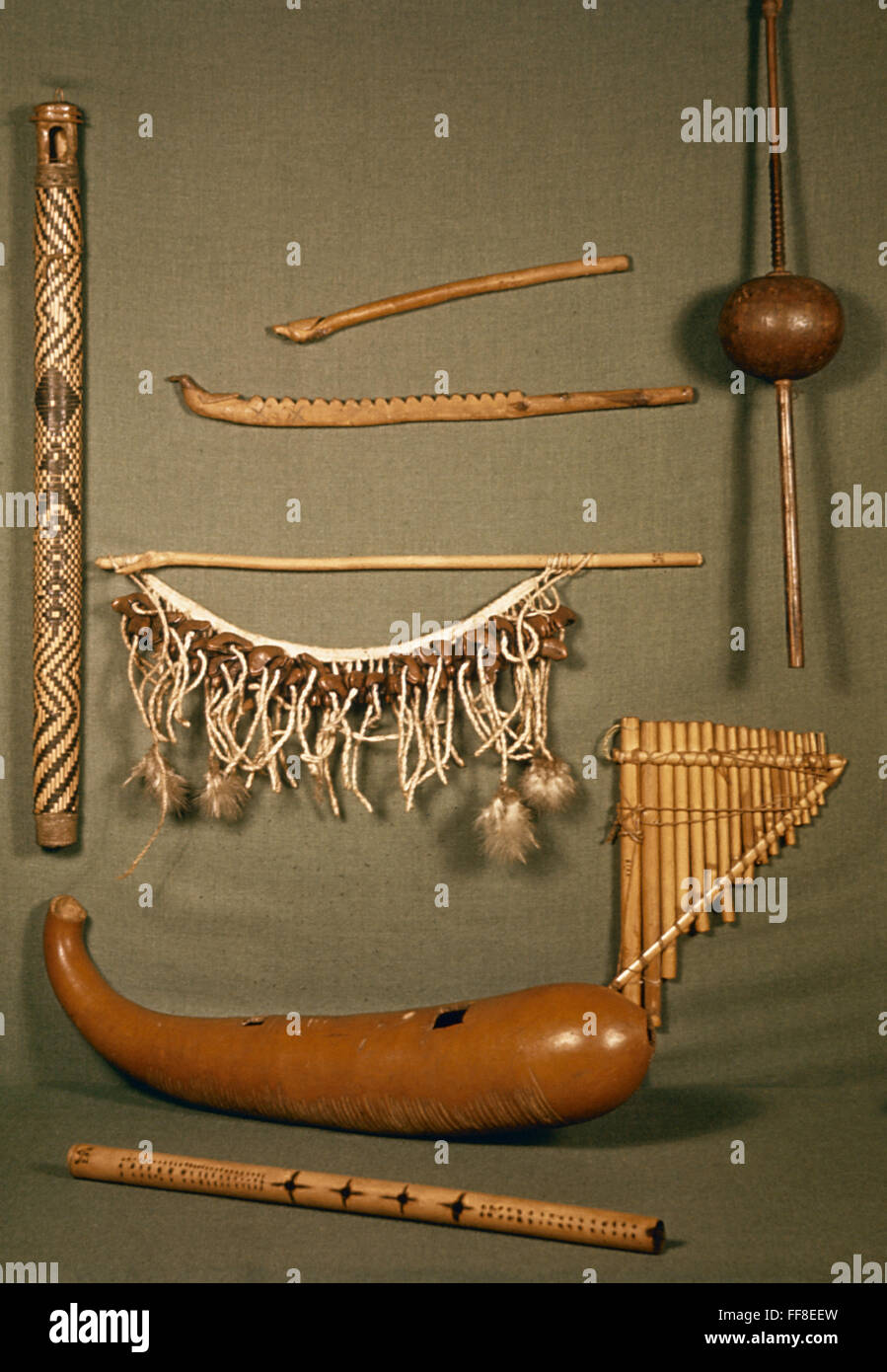 PERU MUSICAL INSTRUMENTS. /nFrom Peru (pan flute); Puerto Rico (gourd