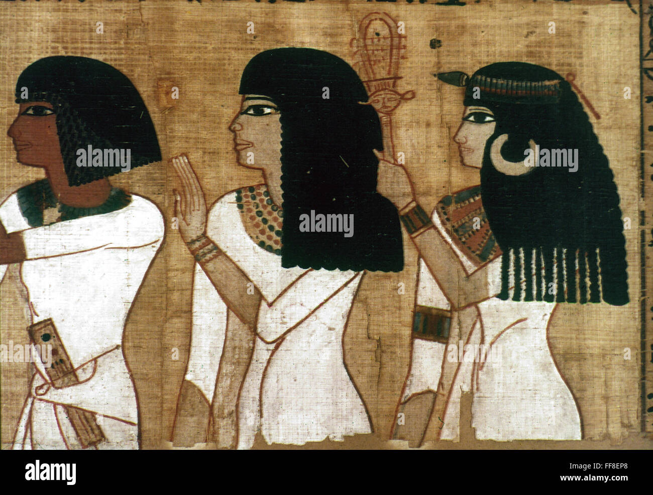 EGYPT: TOMB PAINTING. /nThe deceased Neb-Qued, followed by his mother and sister, who plays the sistrum. Papyrus, 19th Dynasty. Stock Photo
