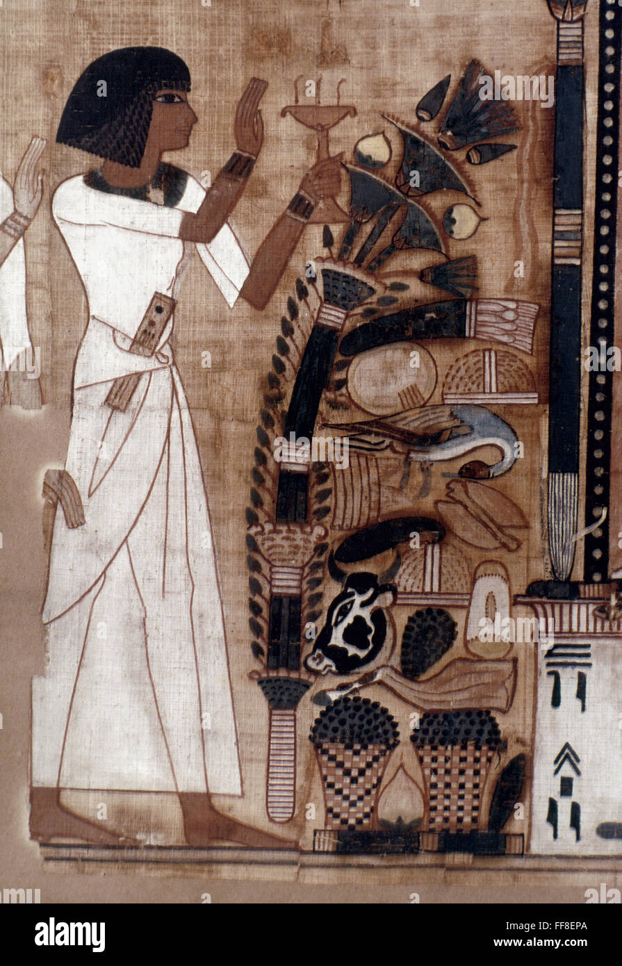 EGYPTIAN FUNERAL PAPYRUS. /nThe deceased Neb-Qued before a table of offerings. Funeral papyrus, 19th Dynasty. Stock Photo