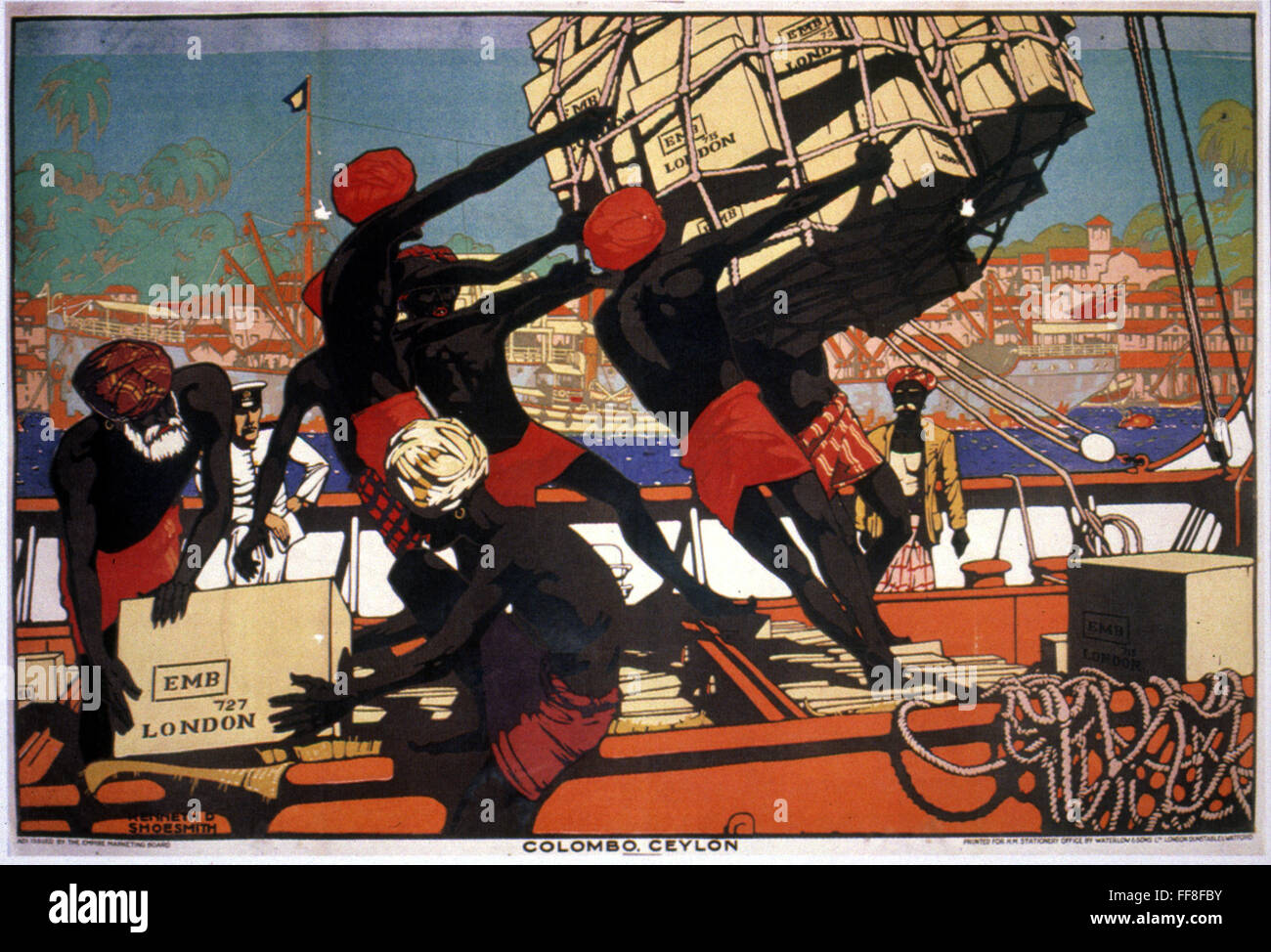 CEYLONESE DOCKWORKERS. /nDockworkers unloading cargo at Colombo, Ceylon. British Empire Marketing Board poster, 1928. Stock Photo
