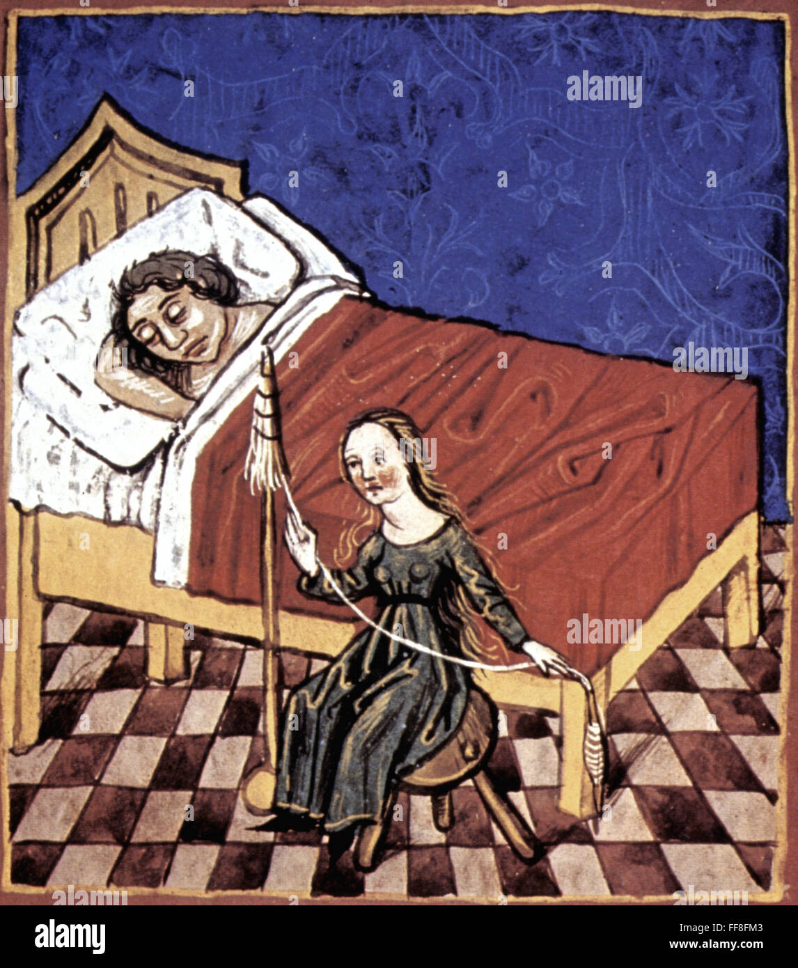 FOUR HUMORS: MELANCHOLIA. /nOne of the four humors, Melancholia, according to physician Galen. Medieval manuscript illumination. Stock Photo