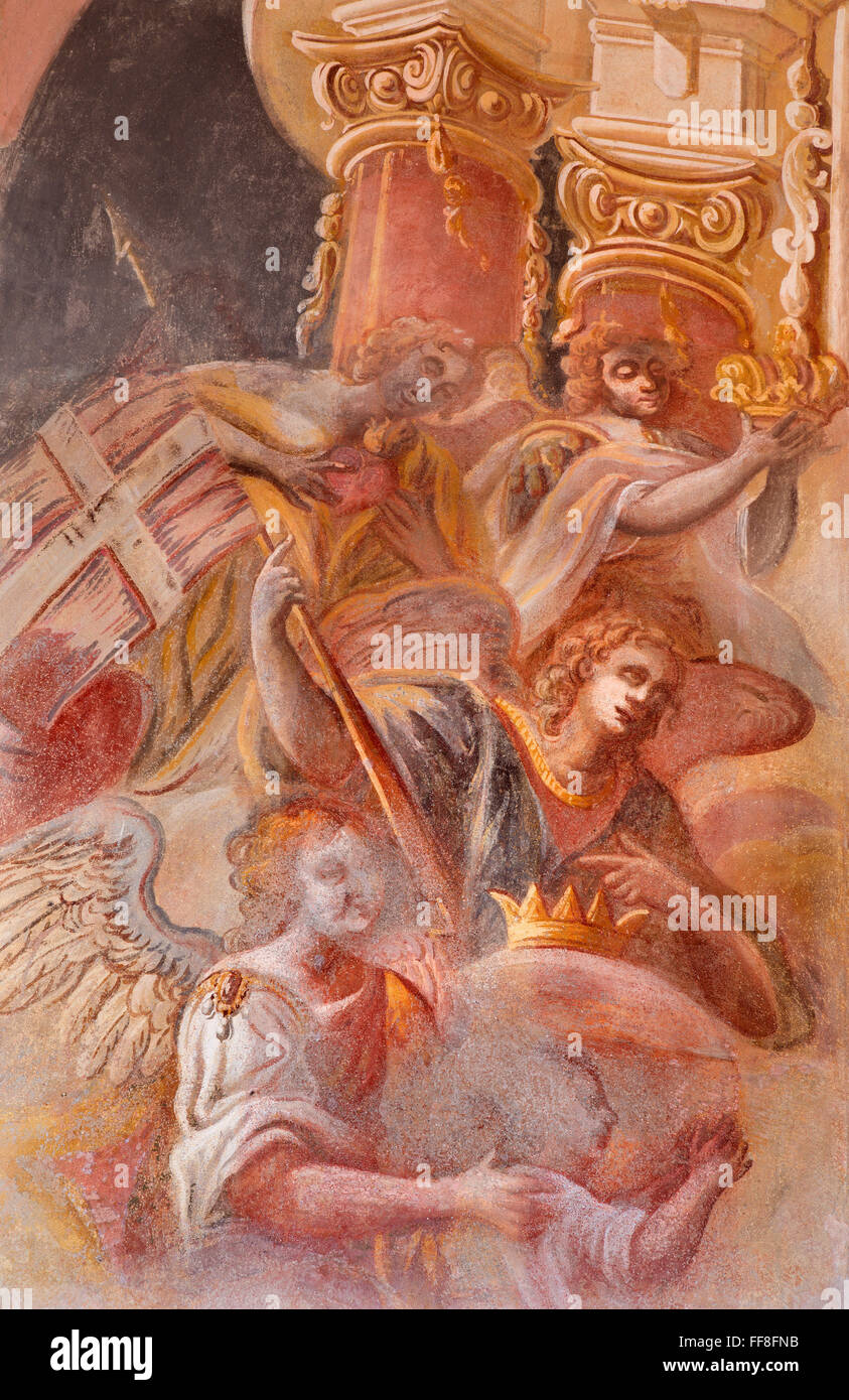 BANSKA STIAVNICA, SLOVAKIA, 2015: The detail of angels fresco on cupola of baroque church, by Anton Schmidt from 1745. Stock Photo