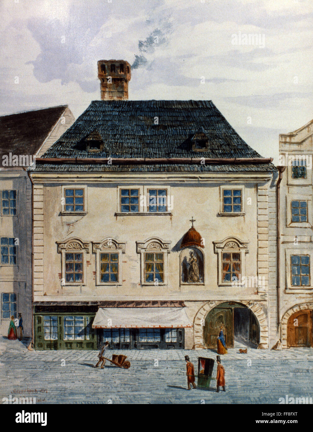 MOZART: HOME IN VIENNA. /nHouse at 5 Domgasse, Vienna, where Wolfgang Amadeus Mozart lived while writing 'Marriage of Figaro': contemporary watercolor. Stock Photo