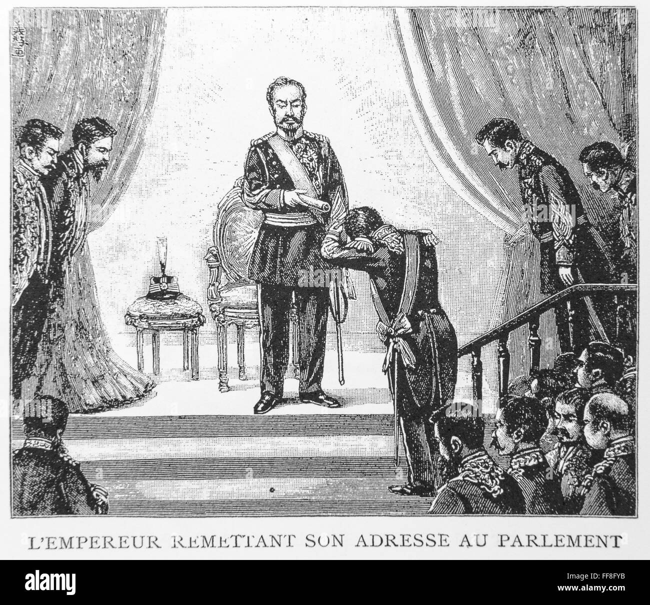 Caricature of Georges Ferdinand Bigot (1860-1927)  Emperor Meiji hand off direction to Parliament. 1904. Stock Photo