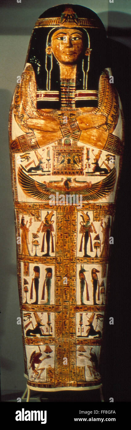 EGYPTIAN SARCOPHAGUS. /nEgyptian painted wooden outer coffin of Henet-Towy. 21st Dynasty. Stock Photo