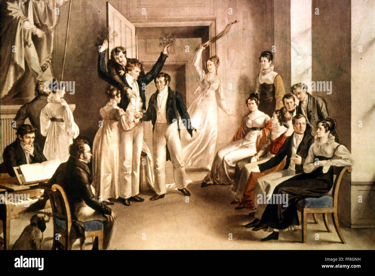 A SCHUBERTIAN PARTY. /nWatercolor, 1821, by Leopold Kupelwieser. Stock Photo
