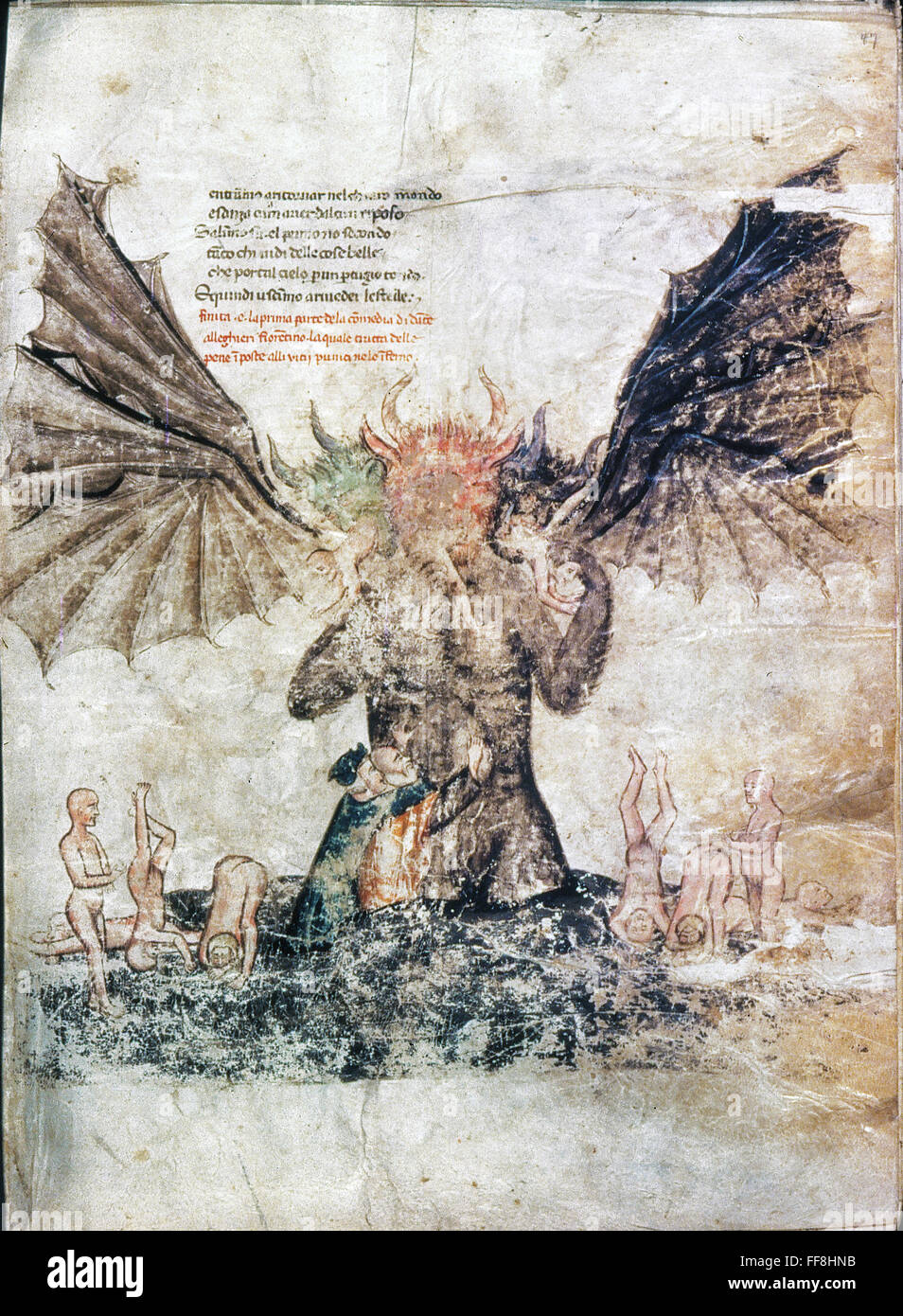 DANTE'S INFERNO: LUCIFER. /nDante and Virgil climbing down Lucifer:  illumination from a late 14th century ms. illumination of the Divine Comedy  Stock Photo - Alamy