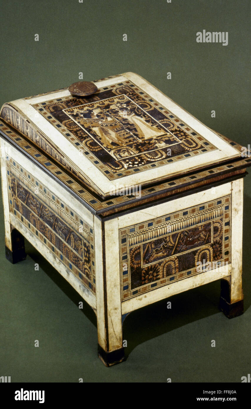 TOMB OF KING TUTANKHAMEN. /nOrnate wood, ebony and ivory chest. c1342 B.C. Stock Photo