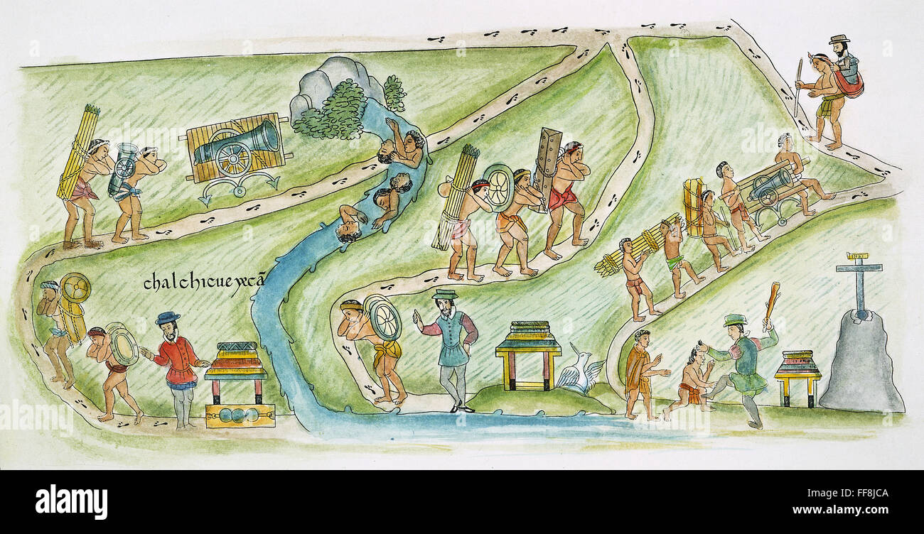 CONQUISTADORS, 1520. /nSpanish conquistadors in Mexico supervise native Indians carrying a new provision of arms along the often arduous route from Vera Cruz to Tlaxcala in 1520. Illustration from the Lienzo de Tlaxcala, 1550-1564. Stock Photo