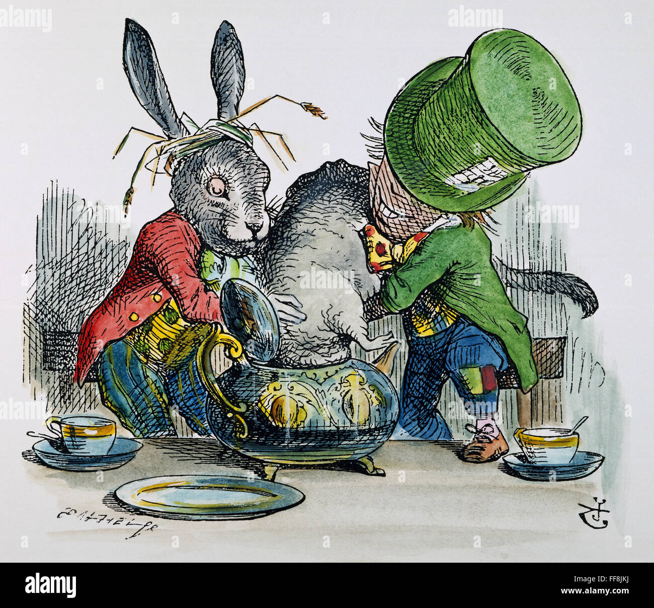 CARROLL: ALICE, 1865. /nThe March Hare and the Mad Hatter trying to put the Dormouse in the teapot: after the design by Sir John Tenniel for the first edition of Lewis Carroll's 'Alice's Adventures in Wonderland'. Stock Photo
