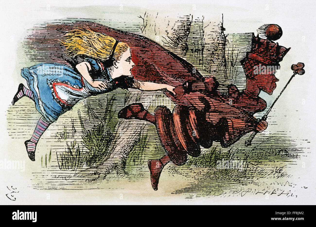 CARROLL: LOOKING GLASS. Alice and the Red Queen running but getting nowhere. Illustration by John Tenniel from the first edition of Lewis Carroll's 'Through the Looking Glass,' 1872. Stock Photo
