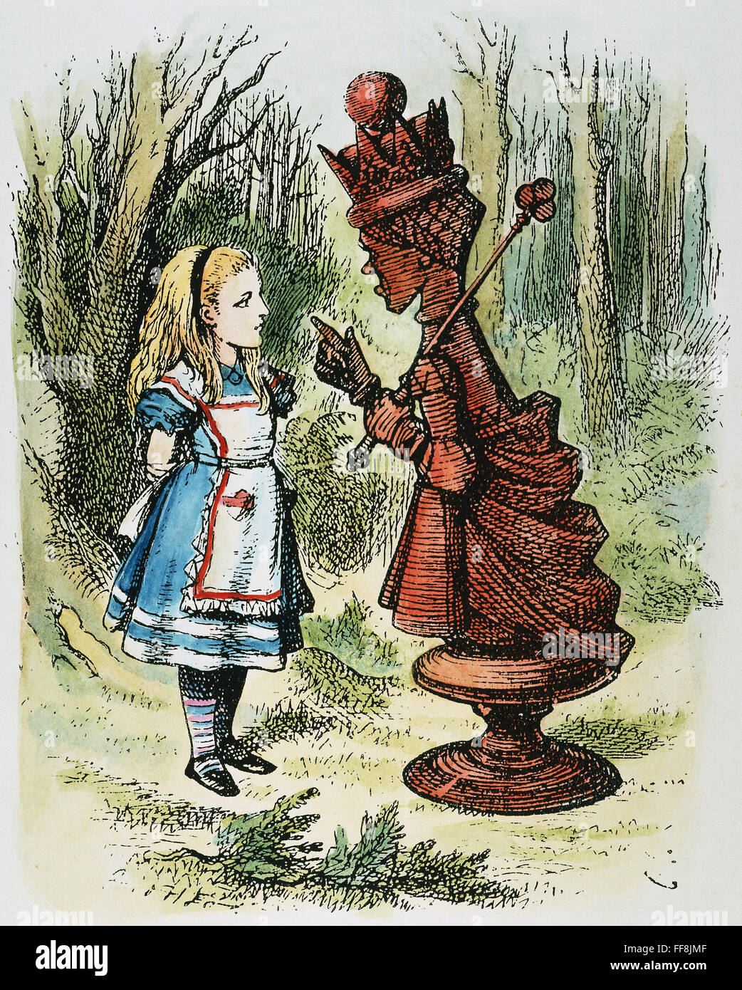 CARROLL: LOOKING GLASS. /nAlice and the Red Queen. Wood engraving after Sir John Tenniel for the first edition of Lewis Carroll's 'Through the Looking Glass,' 1872. Stock Photo