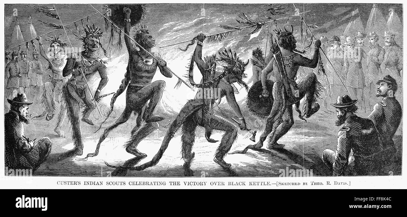 WASHITA RIVER, 1868. nOsage and Kiowa scouts, in the service of the U.S.  Seventh Cavalry under George Armstrong Custer, dance to celebrate their  victory over Black Kettle and the Cheyennes at Washita