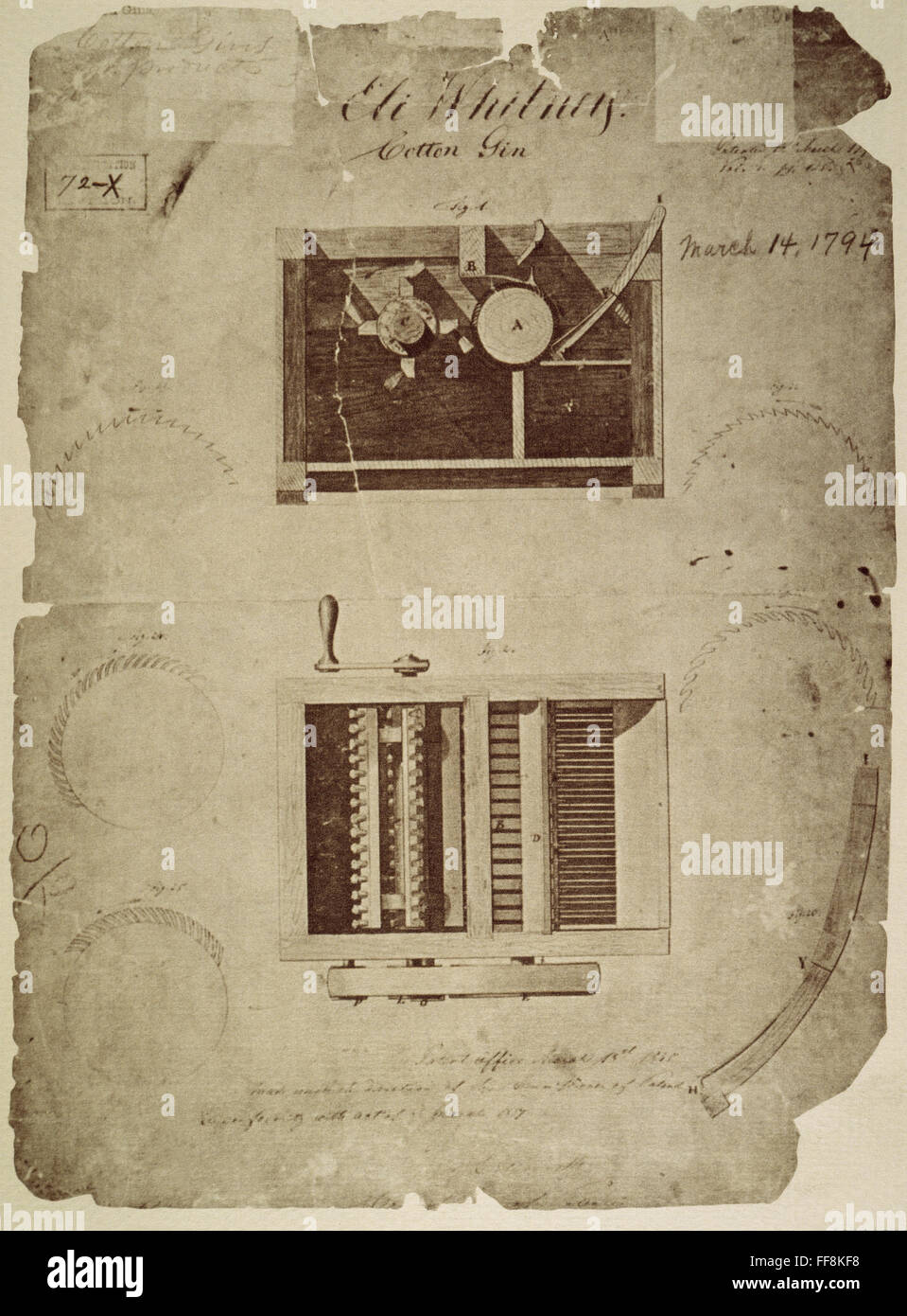 WHITNEY'S COTTON GIN. /nPatent drawing, dated March 14, 1794, for Eli Whitney's cotton gin. Stock Photo