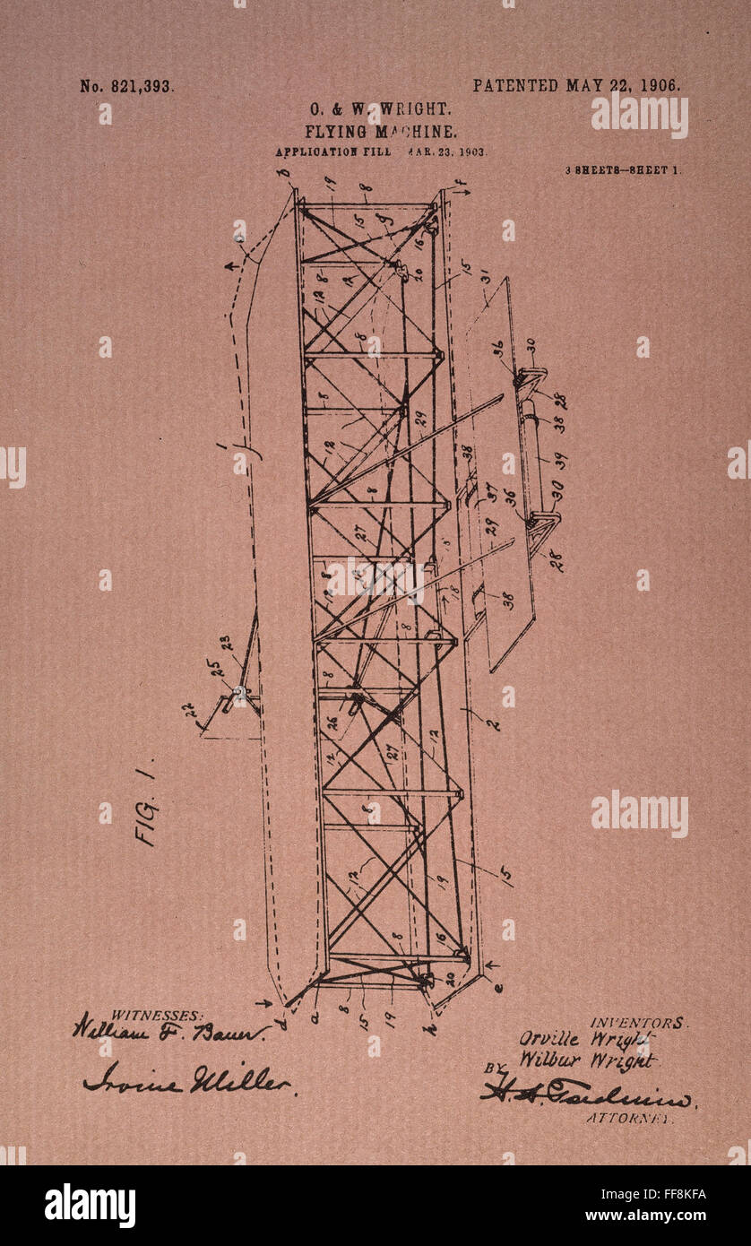 WRIGHT BROTHER'S PATENT. /nPatent drawing, dated 22 May 1906, for Orville and Wilbur Wright's 'flying machine' (side view). Stock Photo