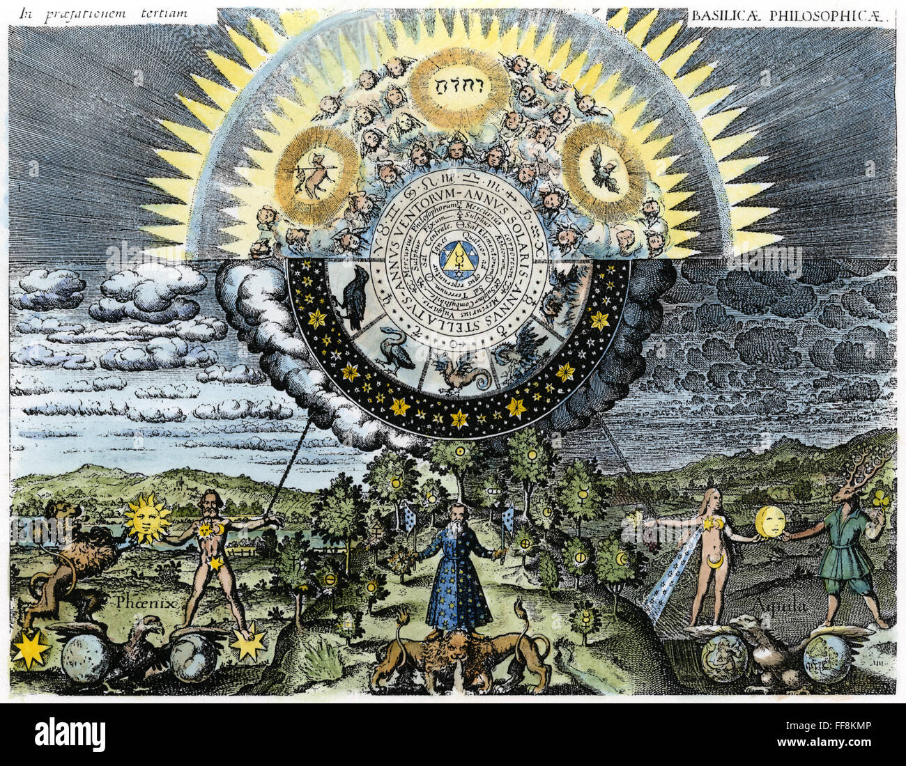 EARTH/UNIVERSE ALLEGORY. /nAn allegorical representation of the microcosm, or Earth, and the macrocosm, or the universe: German engraving, 1618. Stock Photo