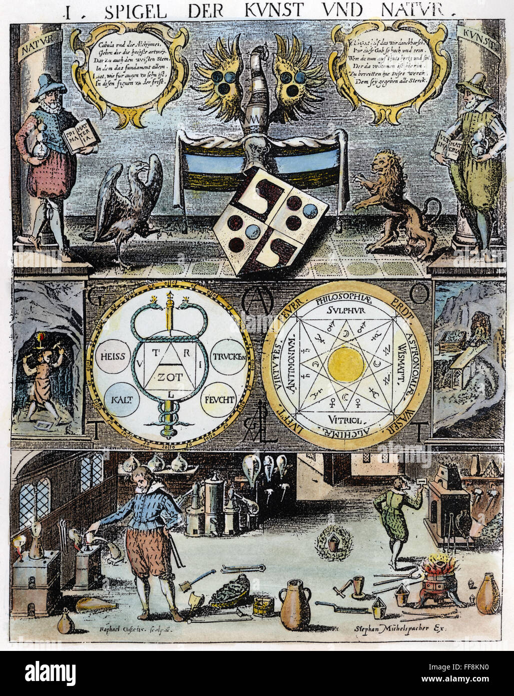 CABALA, 1658. /nPage from 'Cabala, Speculus Artis,' published in 1658 at Augsburg, depicting the four elements at center right and two alchemists in their laboratory. Stock Photo