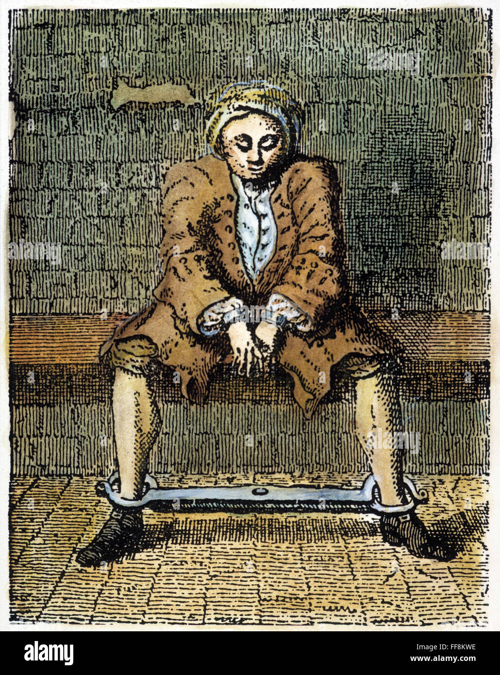 LONDON: DEBTOR'S PRISON. /nDebtor wearing shears at the Marshalsea Prison, London. Colored line engraving, 18th century. Stock Photo