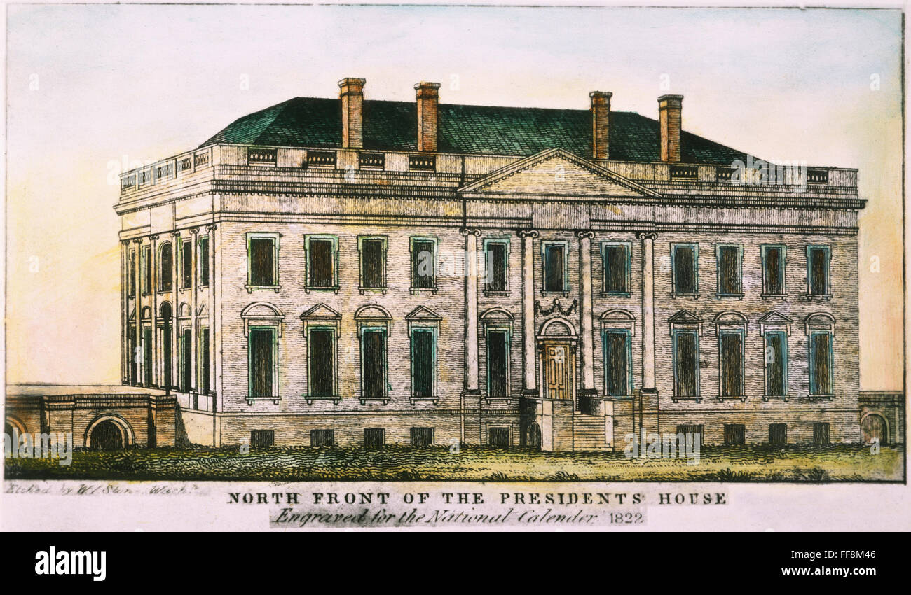 WHITE HOUSE, D.C., 1822. /nThe north front of the White House, or the President's House, as it was known in 1822: contemporary etching by W.J. Stone. Stock Photo