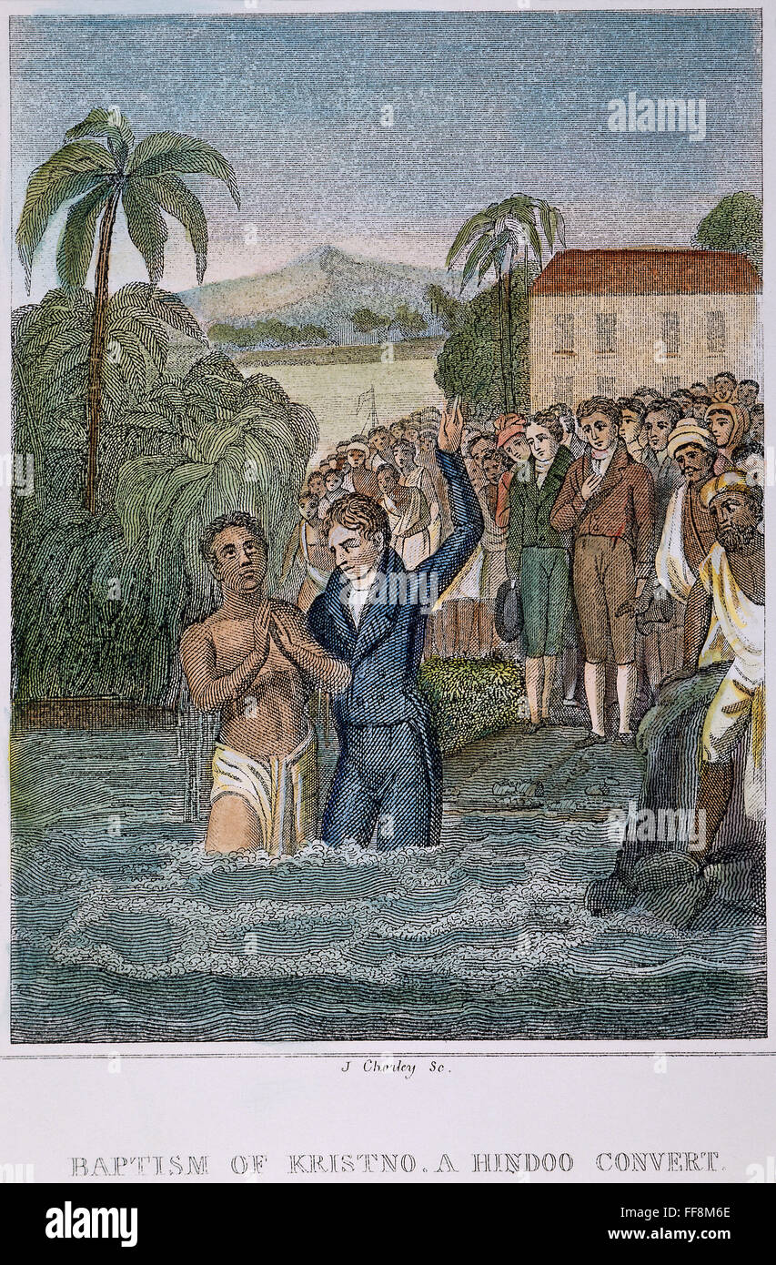WILLIAM CAREY (1761-1834). /nEnglish orientalist and missionary. Carey baptizing the first Hindu convert, a carpenter named Kristno, in the Hooghly River, India. Line engraving, American 1837. Stock Photo