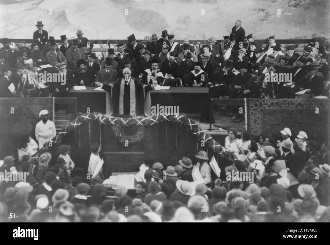 ARTHUR JAMES BALFOUR /n(1848-1930). 1st Earl of Balfour. English philosopher and statesman. Lord Balfour opening Hebrew Unversity on Mount Scopus, 1 April 1925; behind Balfour is Dr. Chaim Weizmann, first president of the University. Stock Photo
